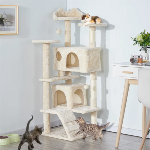 Cat Climbing Sisal Rope Tower – Multi-Level Tree with Stairs & Houses - Beige