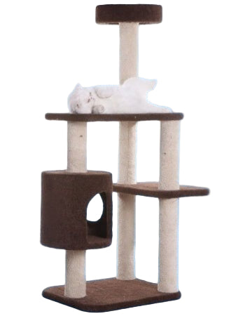 LifePet Cat Tree Condo 3-Level Carpeted Real Wood Coffee Brown Beige - Durable & Stylish